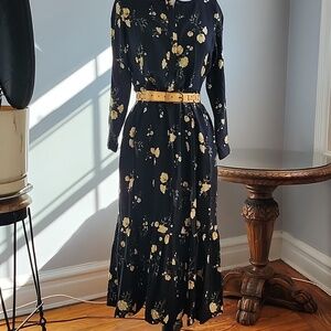 Old Navy Button Down Maxi Dress S Black Yellow Floral Gathered Ruffles